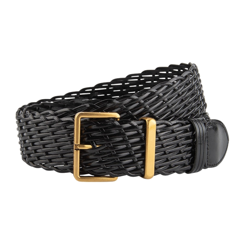 Ceinture femme Ophélia noire tressée en simili cuir recyclé avec boucle ardillon rectangulaire dorée