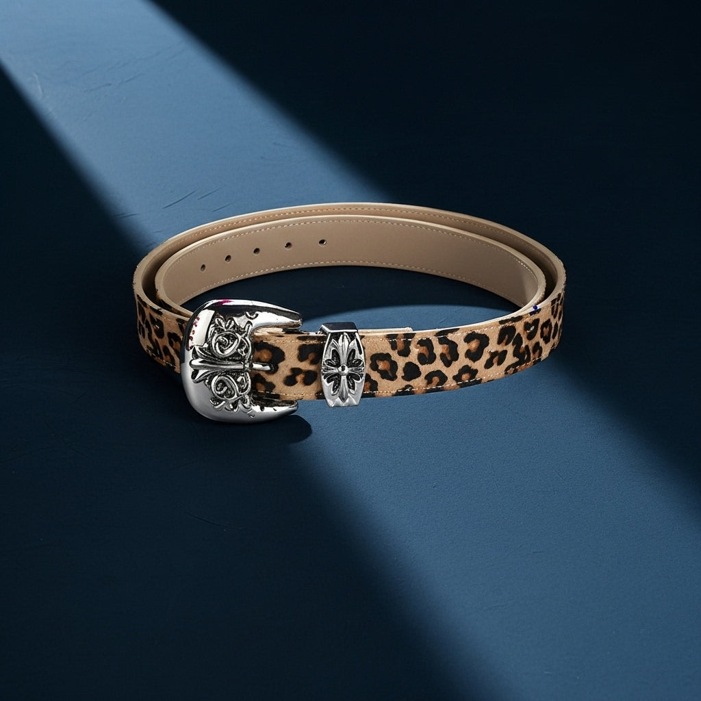 Ceinture Ophéline en cuir avec un motif léopard, une boucle argentée ouvragée et des détails rétro, idéale pour femme. #fullwidth