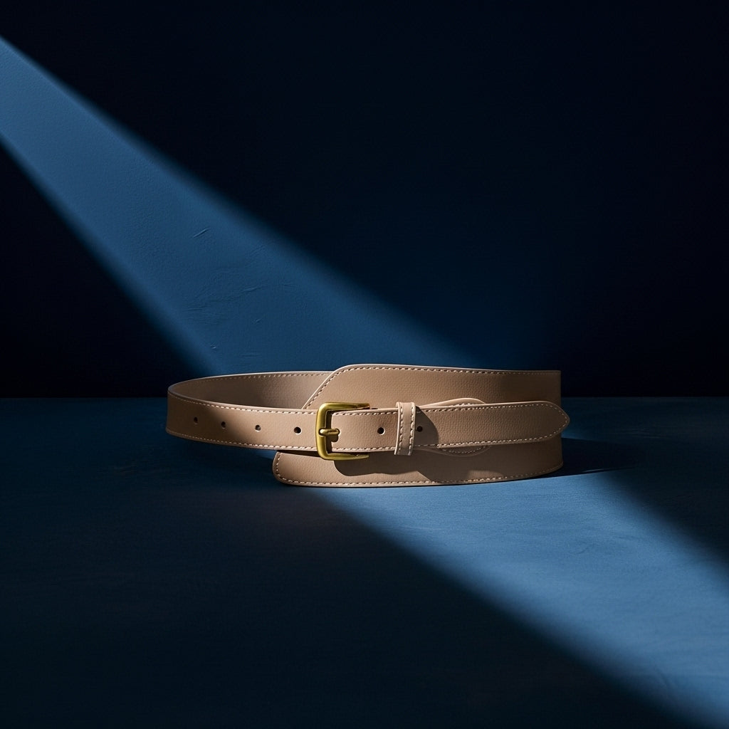Ceinture large Opulence en cuir de vachette beige, avec une boucle carrée dorée et une finition corset, vue de côté sur fond bleu #fullwidth