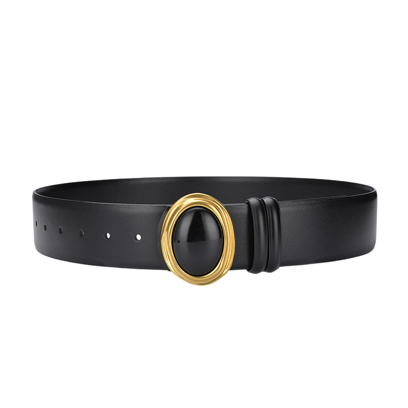 Ceinture large noire Opulence en cuir de vachette avec boucle ovale dorée et pierre noire brillante