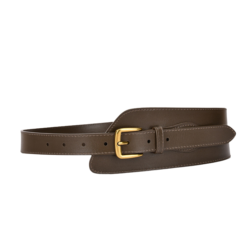 Ceinture large et structurante Opulence en cuir de vachette marron café, avec boucle ardillon dorée. Largeur 7,5 cm, finition lisse et couture ton sur ton.