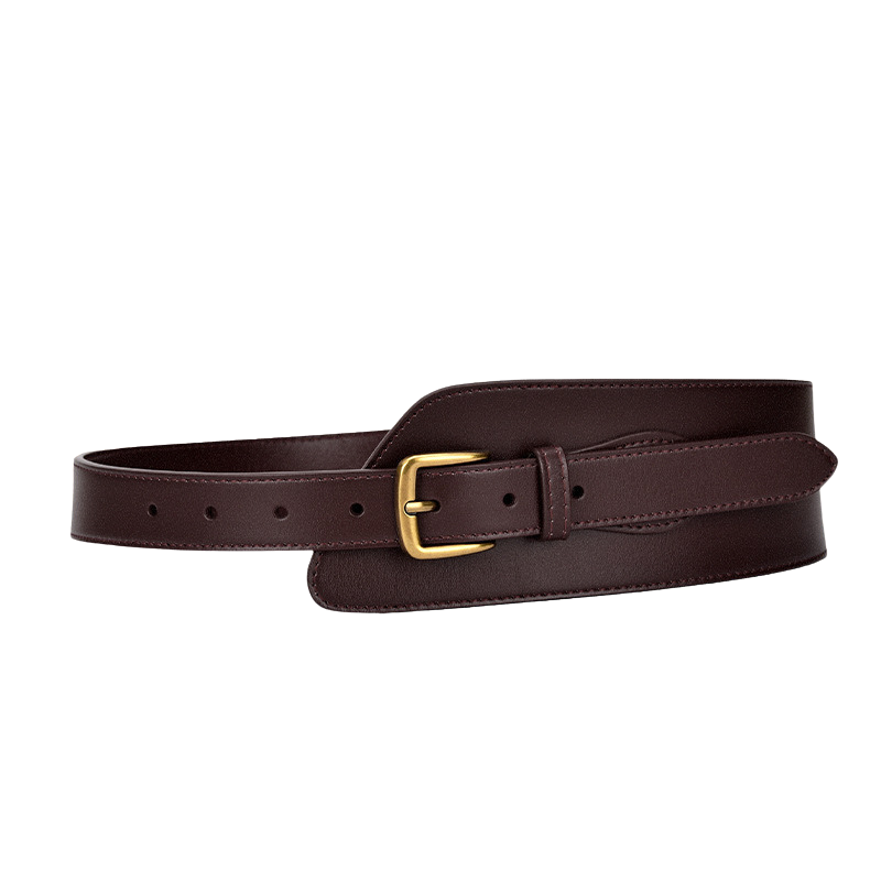 Ceinture large structurante Opulence en cuir de vachette refendu bordeaux foncé, avec boucle carrée dorée et lanière ajustable.