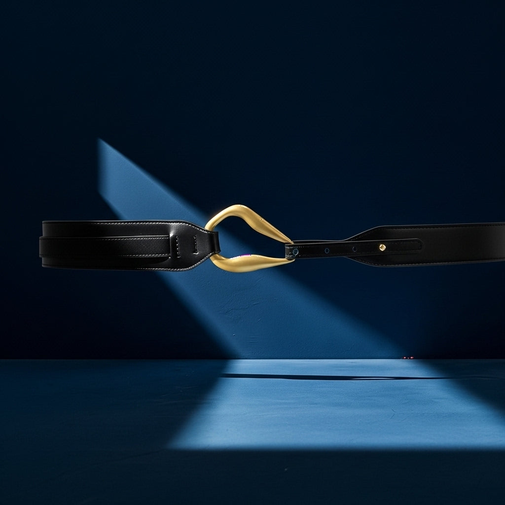 Ceinture noire Orchidée en cuir verni avec une boucle dorée incurvée et audacieuse #fullwidth