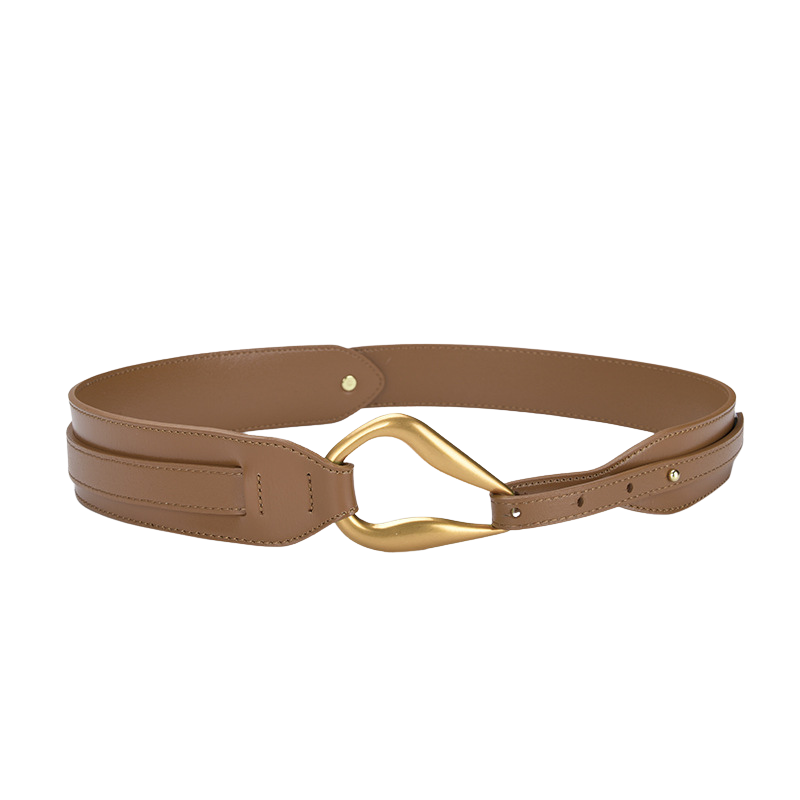 Ceinture femme Orchidée en cuir marron foncé verni avec boucle dorée incurvée