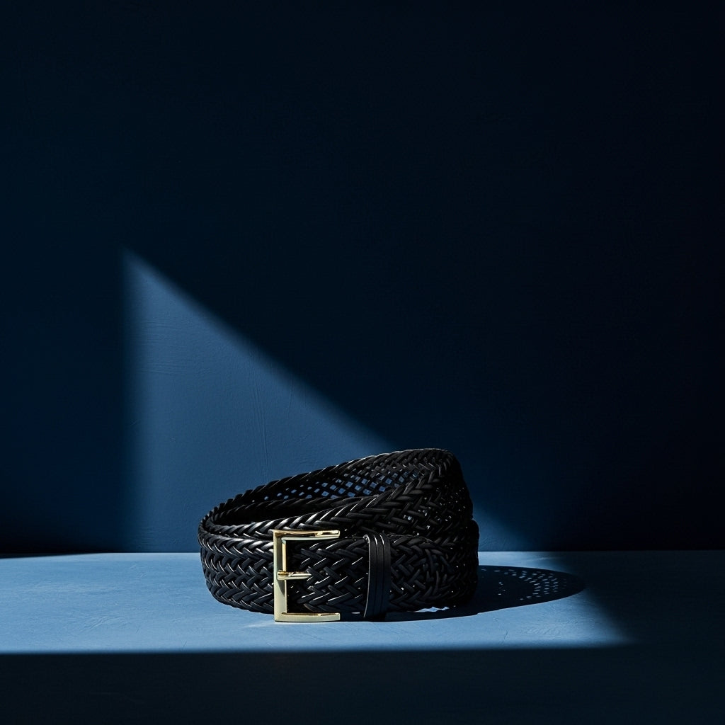 Ceinture femme Oriane noire en simili cuir recyclé, large et tressée à la main, avec une boucle ardillon rectangulaire dorée. #fullwidth