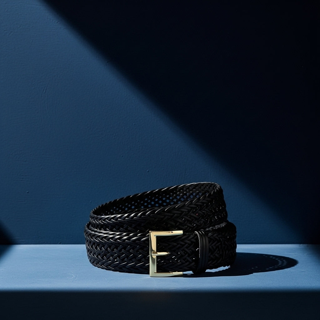 Ceinture femme Oriane noire en simili cuir recyclé, tressée à la main avec une texture ajourée. Largeur importante et boucle ardillon rectangulaire dorée. #fullwidth