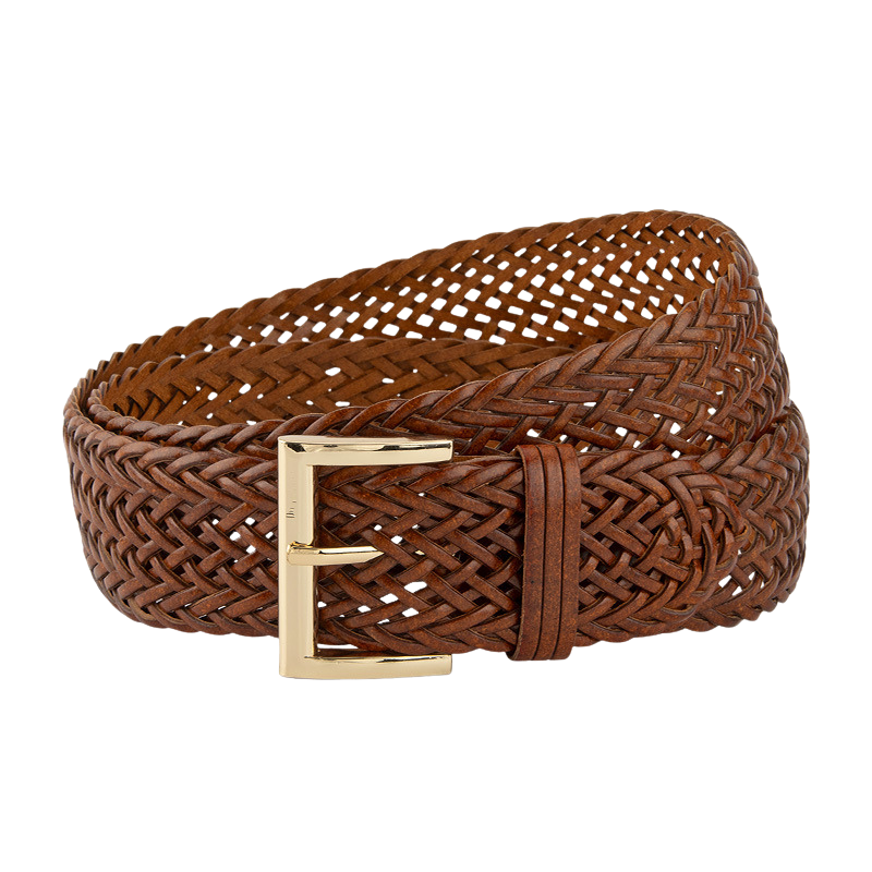 Ceinture femme Oriane marron en simili cuir recyclé tressé avec boucle ardillon rectangulaire dorée