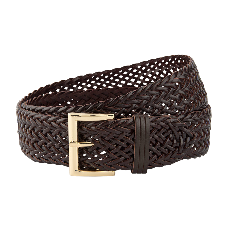 Ceinture femme Oriane marron en simili cuir recyclé tressé avec boucle ardillon rectangulaire dorée. #fullwidth