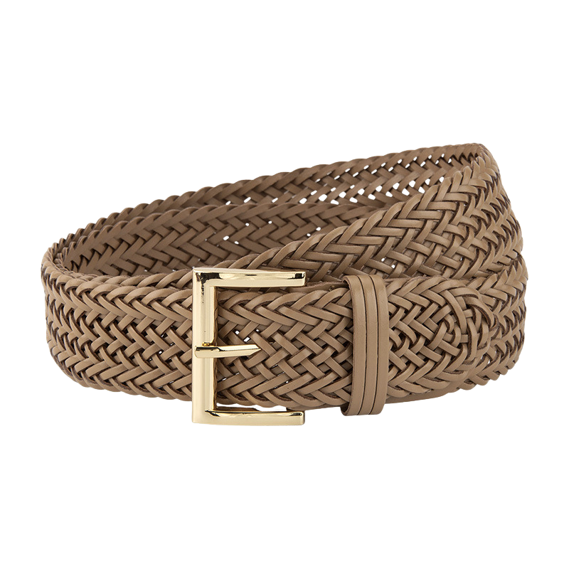 Ceinture femme Oriane en simili cuir recyclé beige, tressée à la main, avec boucle ardillon rectangulaire dorée. Style artisanal et élégant.