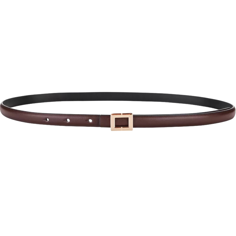 Ceinture fine en cuir nubuck marron foncé Ornement, avec boucle carrée dorée minimaliste et fermeture crochet clou.
