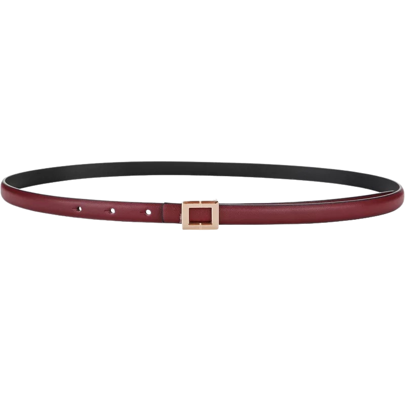 Ceinture femme Ornement en cuir nubuck bordeaux avec boucle dorée carrée et fermeture crochet clou.
