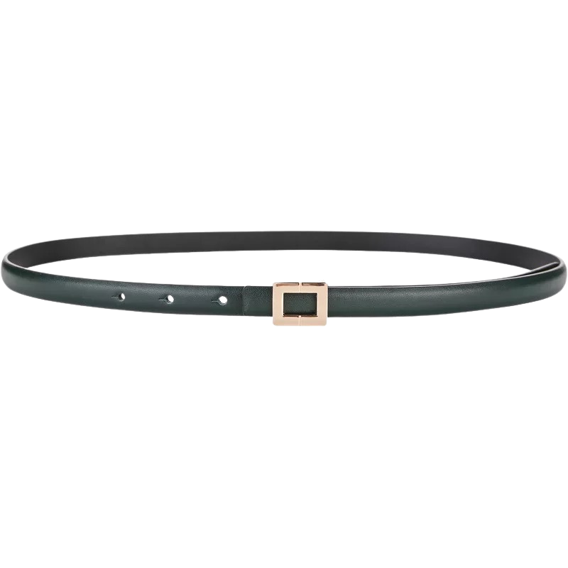 Ceinture fine Ornement en cuir nubuck vert foncé, boucle carrée dorée minimaliste, fermeture crochet clou