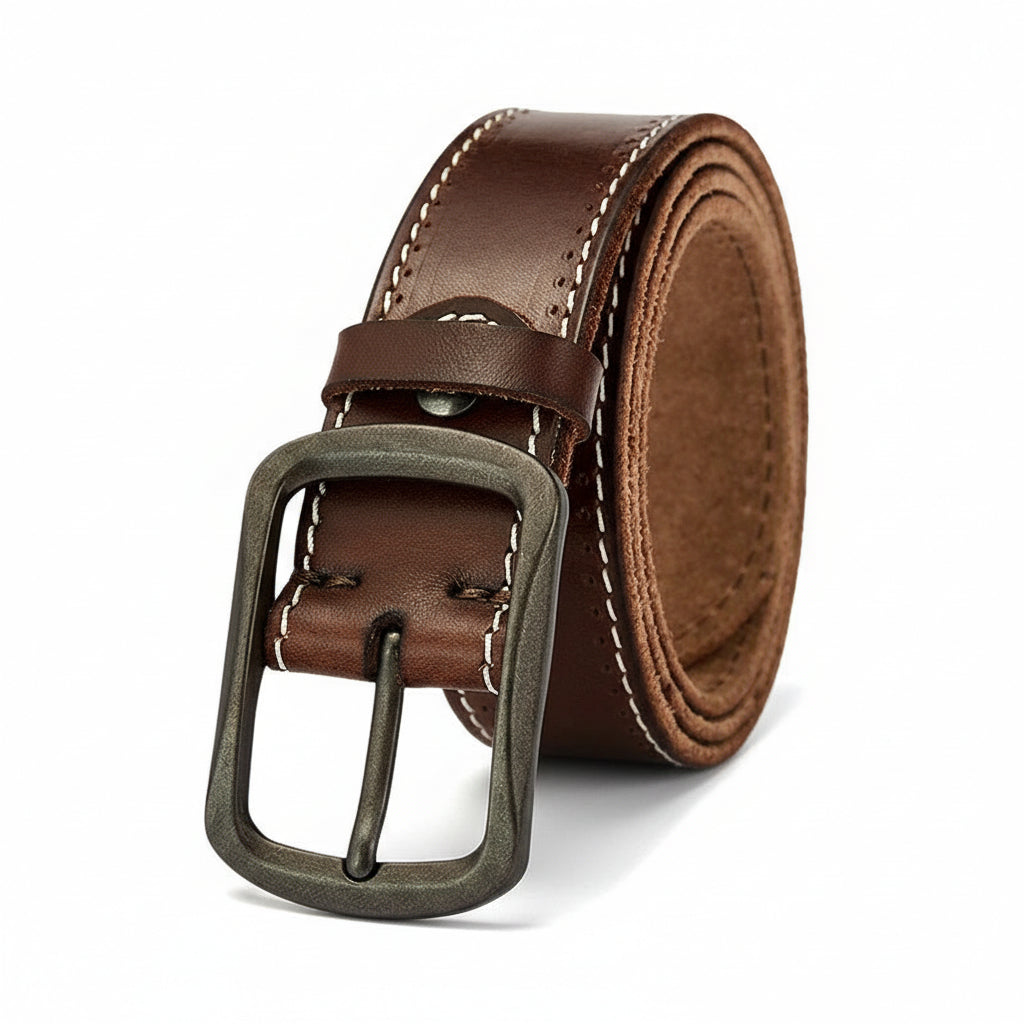 Ceinture homme Orsay en cuir pleine fleur marron lisse avec coutures contrastées blanches et boucle ardillon rectangulaire en alliage métallique bronze vieilli.