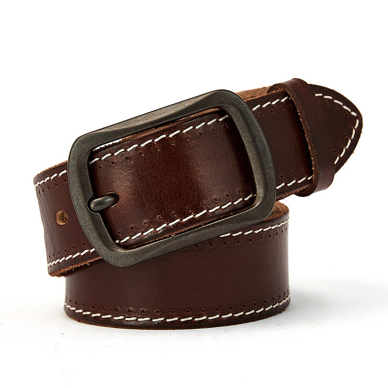 Ceinture homme Orsay en cuir marron avec surpiqûres contrastées et boucle ardillon rectangulaire vieillie.