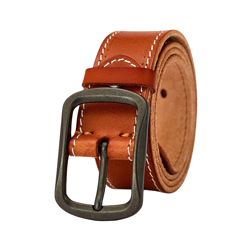 Ceinture homme Orsay en cuir pleine fleur marron lisse avec coutures contrastées et boucle ardillon rectangulaire vieillie.