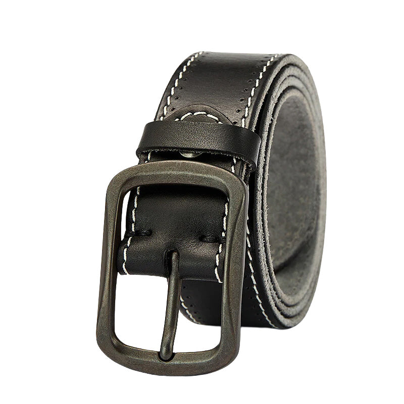 Ceinture homme Orsay en cuir pleine fleur noir lisse avec coutures contrastées et boucle ardillon rectangulaire en alliage métallique bronze vieilli.