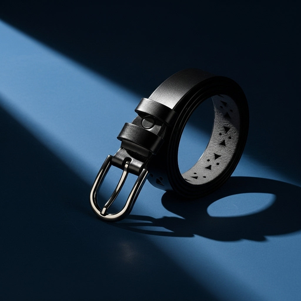 Ceinture noire en cuir refendu pour femme, modèle Parfumée, avec boucle ardillon argentée et motifs découpés en triangle sur le bord.