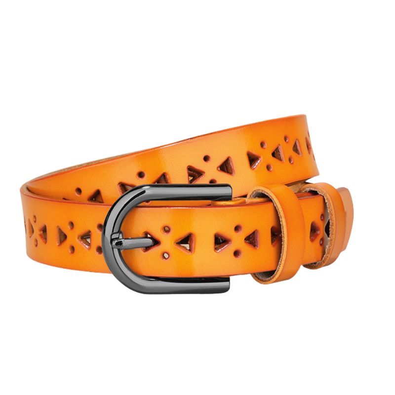 Ceinture femme Parfumée en cuir orange avec boucle ardillon noire et motifs découpés en triangles et points.