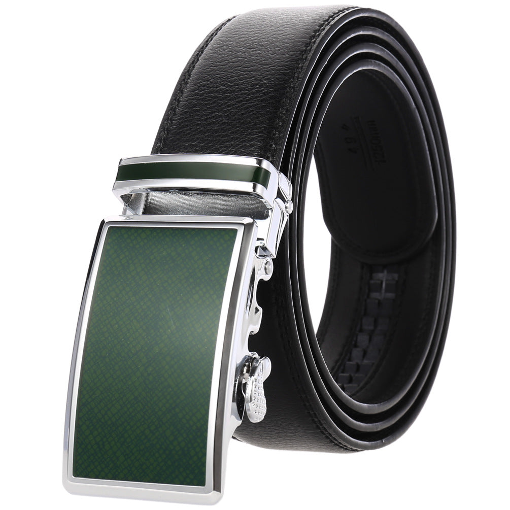 Ceinture Parisien 20 homme en cuir noir avec boucle rectangulaire argentée et insertion verte texturée