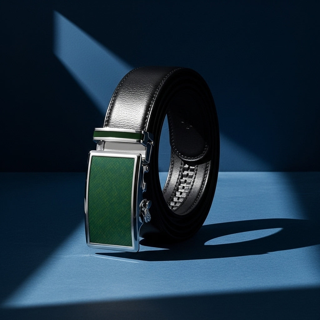 Ceinture Parisien 20 pour homme en cuir de vachette noir avec boucle automatique rectangulaire argentée ornée d'un insert vert texturé. #fullwidth