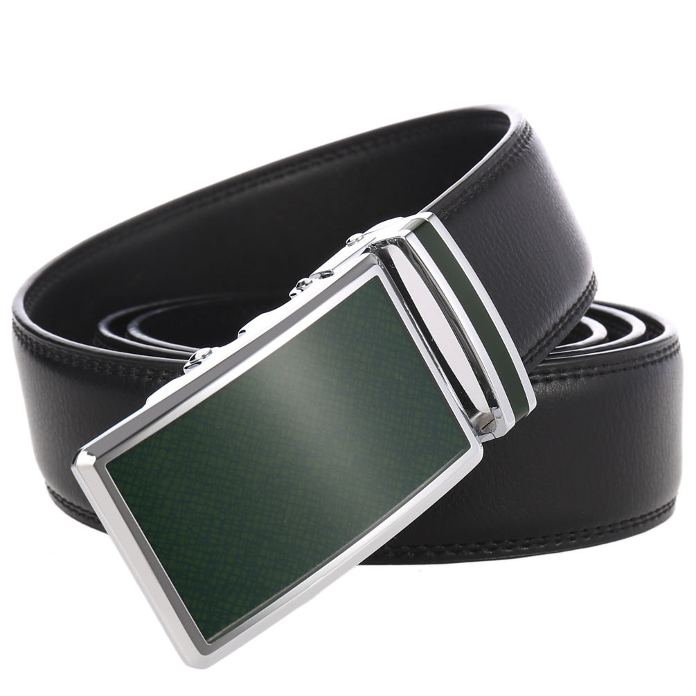 Ceinture homme Parisien 20 en cuir noir avec boucle automatique rectangulaire argentée et insert vert texturé