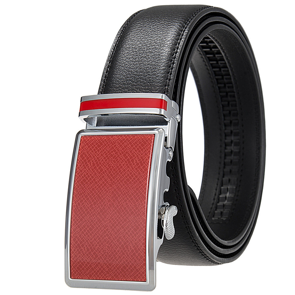 Ceinture homme Parisien 20, cuir noir avec boucle rectangulaire argentée et insert rouge texturé