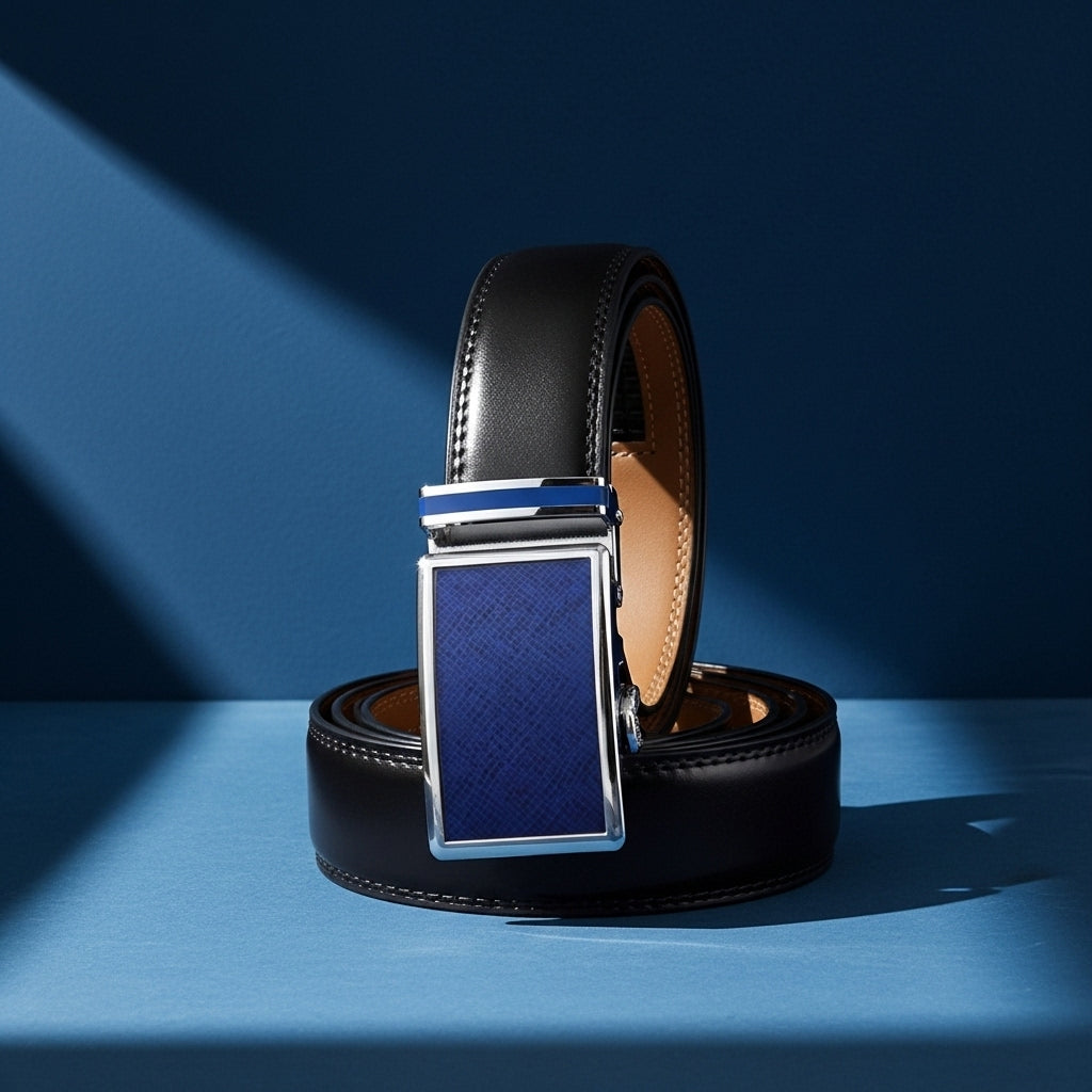 Ceinture Parisien 95 homme en cuir de vachette noir avec boucle automatique rectangulaire argentée et insert bleu texturé. #fullwidth