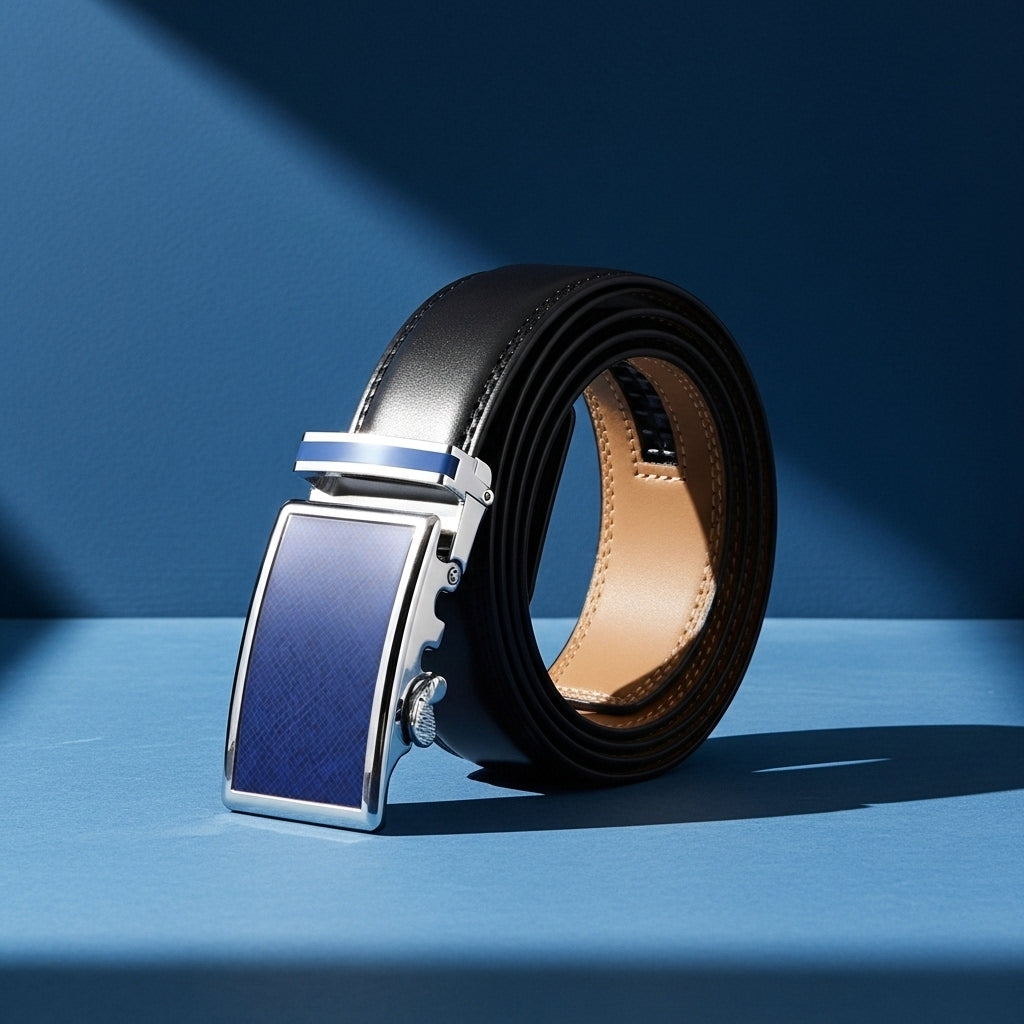 Ceinture Parisien 95 pour homme en cuir de vachette noir avec boucle automatique rectangulaire argentée et bleue texturée. #fullwidth