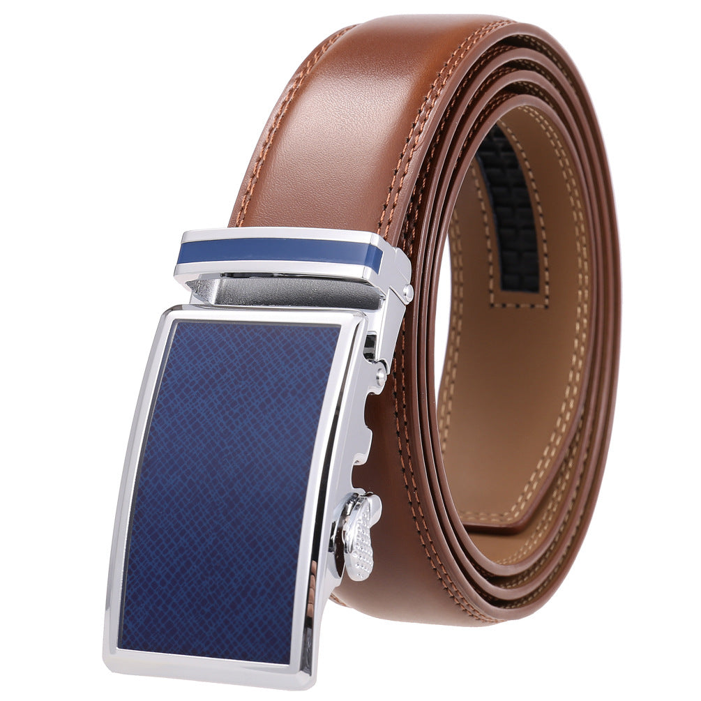 Ceinture homme Parisien 95 en cuir marron avec boucle rectangulaire argentée et insert bleu texturé