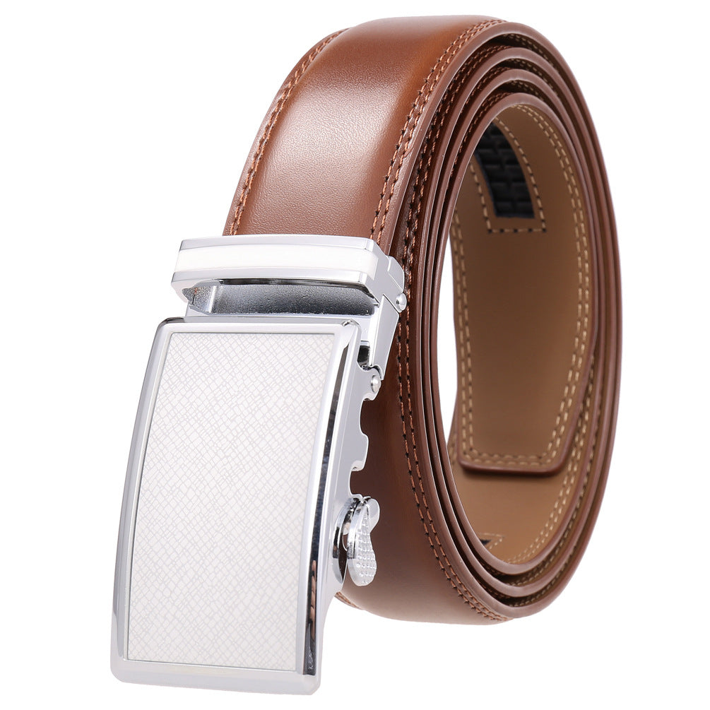Ceinture homme Parisien 95 en cuir marron avec boucle automatique argentée et blanche texturée