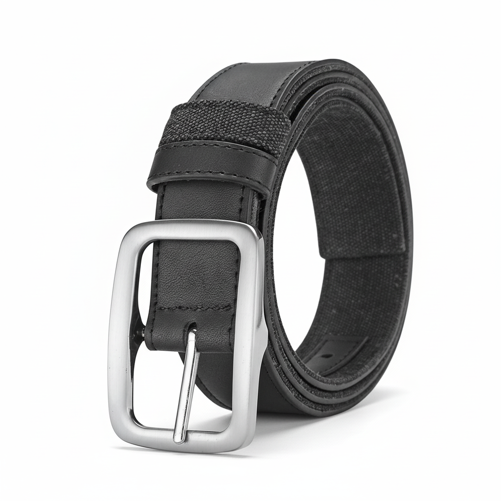 Ceinture PascalZen noire pour homme en cuir et tissu, boucle rectangulaire argentée.