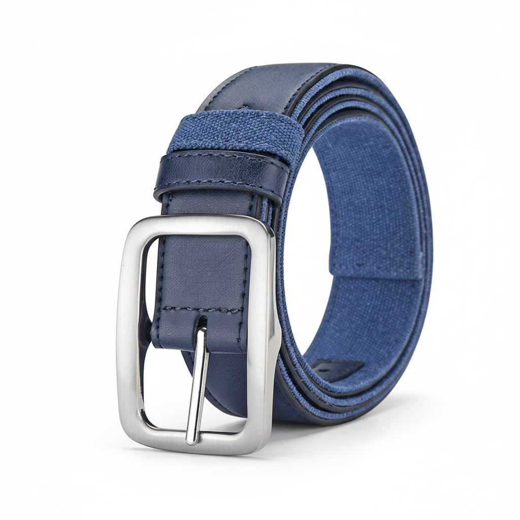 Ceinture PascalZen bleue pour homme, alliant cuir lisse et tissu, avec boucle rectangulaire argentée.