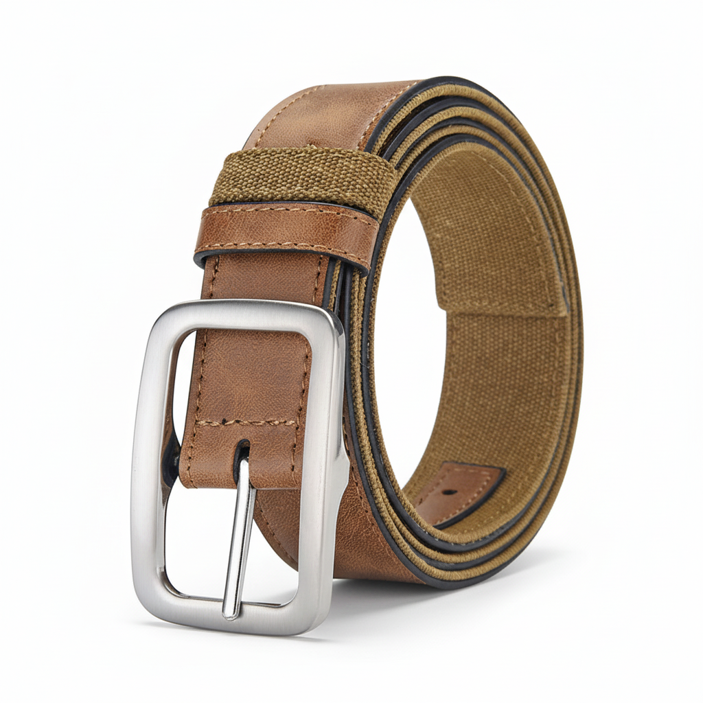 Ceinture PascalZen marron clair pour homme, en cuir et tissu avec boucle rectangulaire argentée