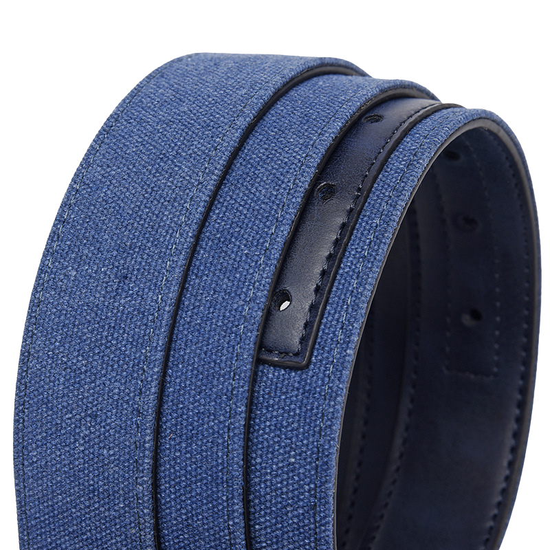 Ceinture PascalZen pour homme en cuir bleu avec détails en tissu et coutures apparentes.