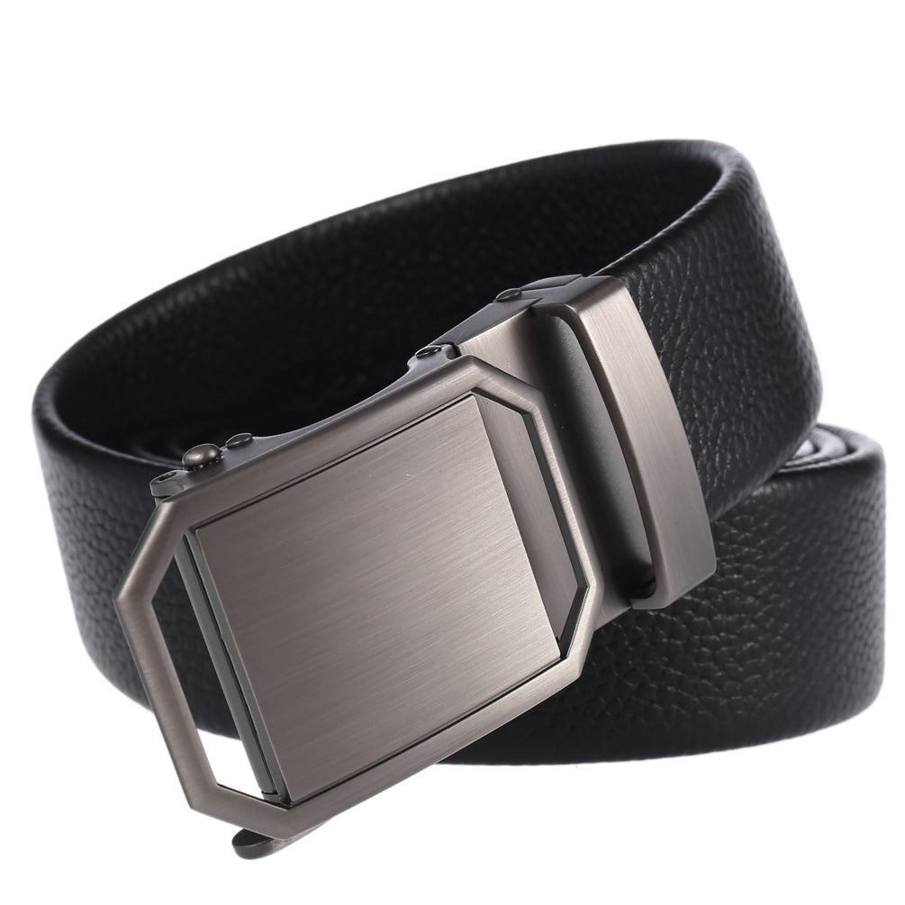 Ceinture Paul pour homme en cuir refendu de vachette noir avec boucle automatique rectangulaire en métal mat argenté.