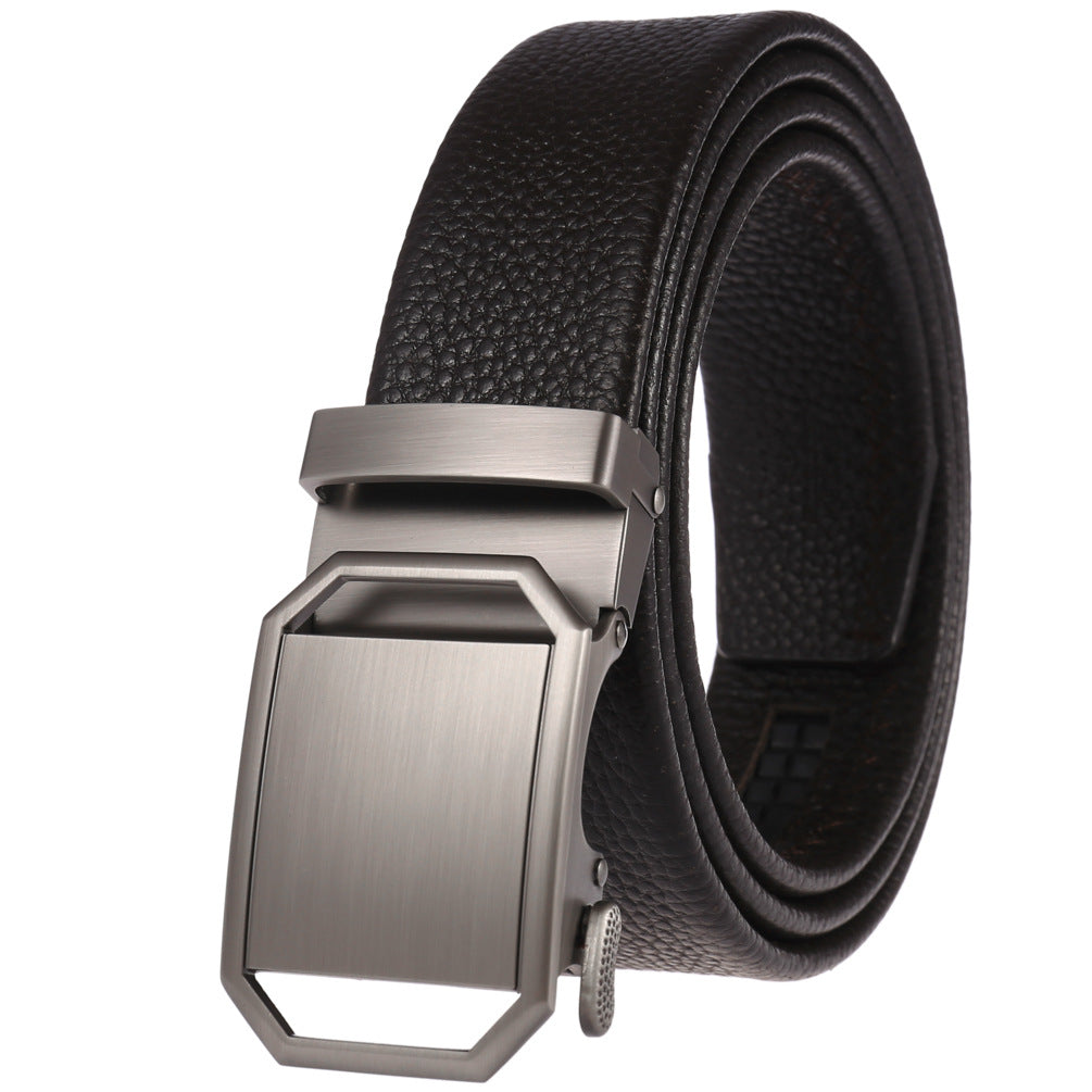Ceinture Paul pour homme en cuir noir avec boucle automatique rectangulaire en métal mat argenté
