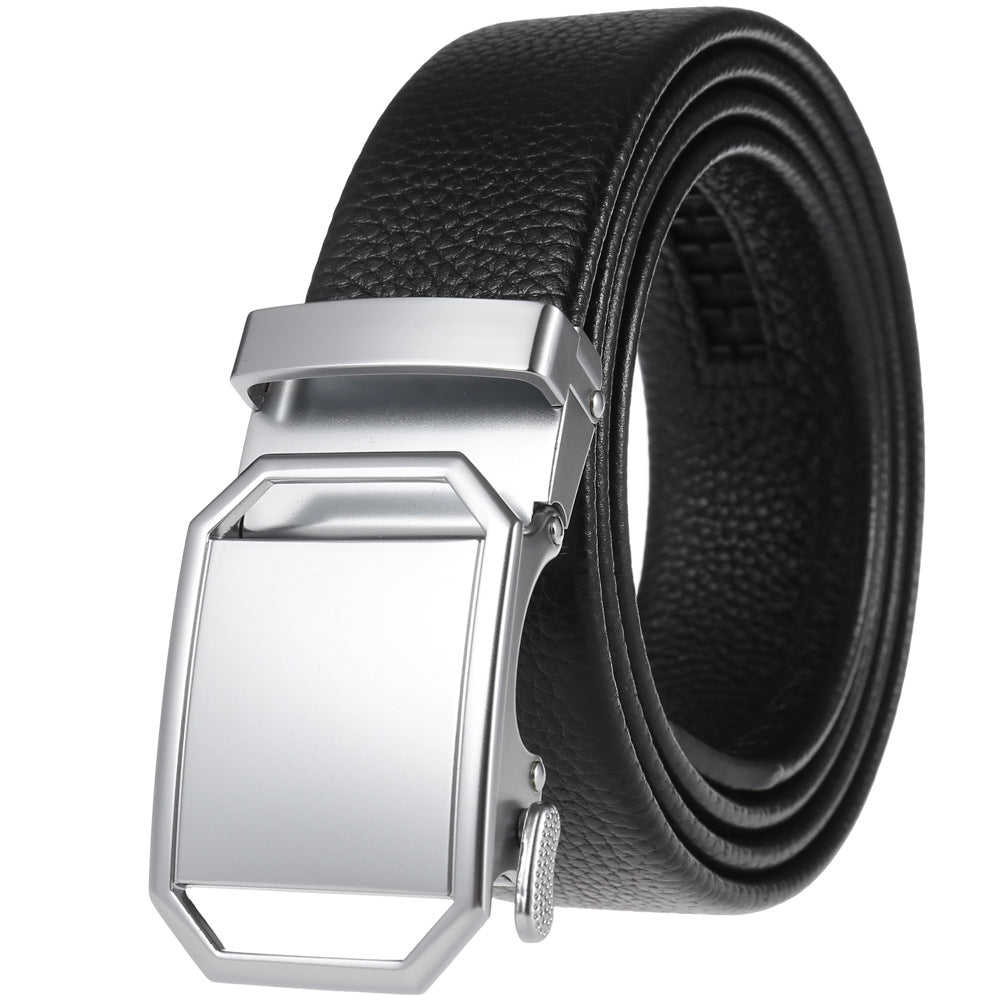 Ceinture Paul noire pour homme en cuir refendu avec boucle rectangulaire automatique en métal mat argenté.