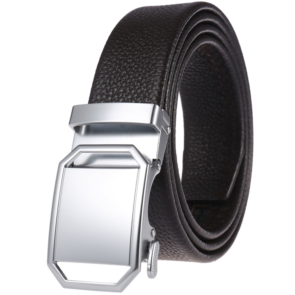 Ceinture Paul pour homme en cuir refendu marron avec boucle rectangulaire argentée mate et système de crémaillère.