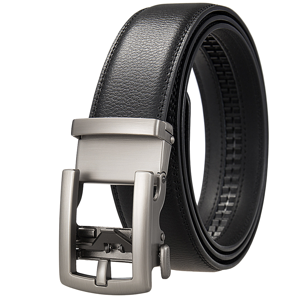 Ceinture homme Paul Or2 en cuir refendu noir avec boucle métallique argentée automatique et levier.
