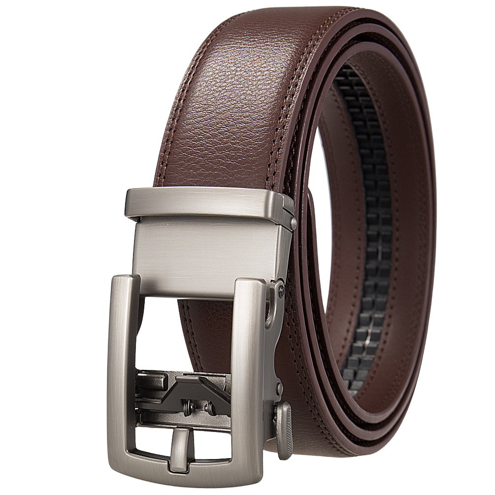 Ceinture homme Paul Or2 en cuir marron avec boucle métallique argentée automatique et mécanisme sans trous