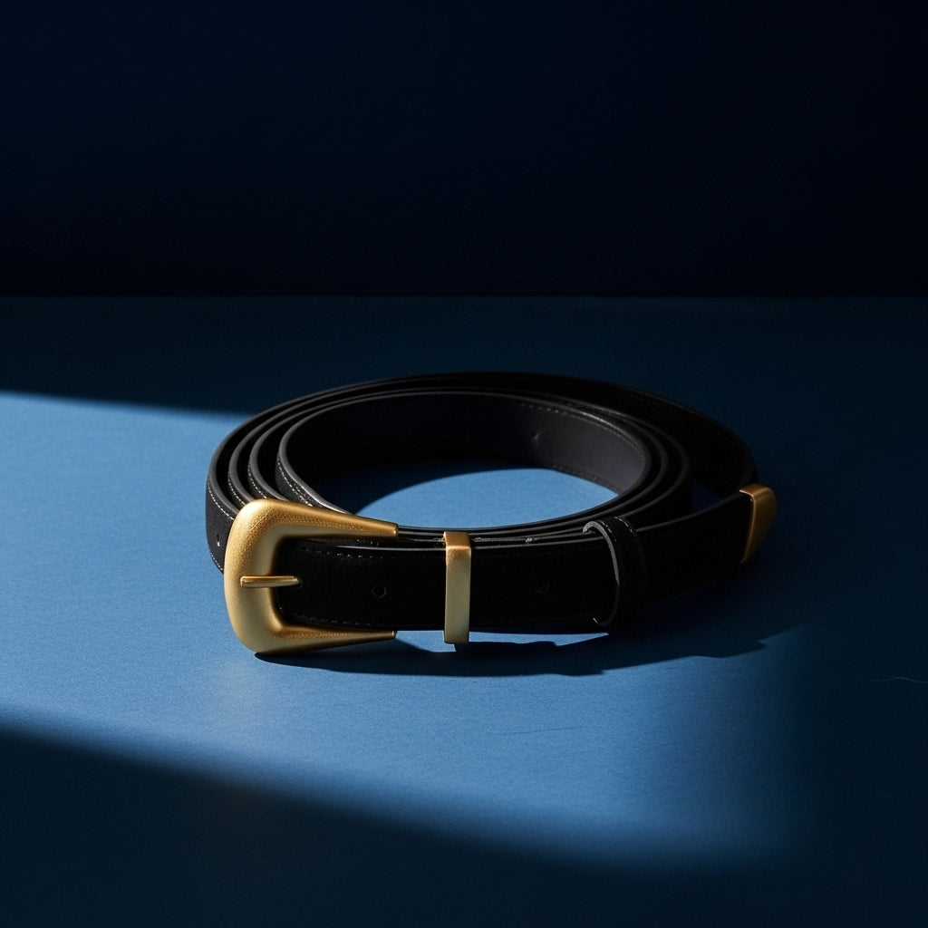 Ceinture femme Pauline 1 en cuir suédé noir mat, avec boucle ardillon dorée et finitions rétro, sur fond bleu #fullwidth