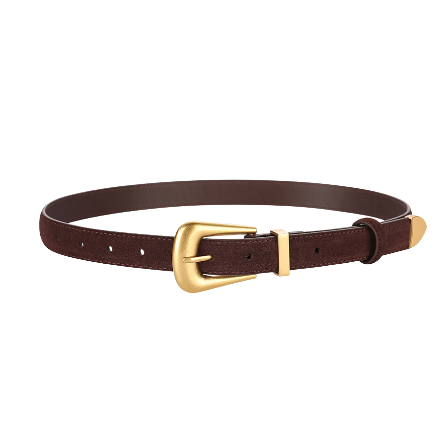 Ceinture femme Pauline 1 en cuir suédé marron avec boucle ardillon dorée style vintage