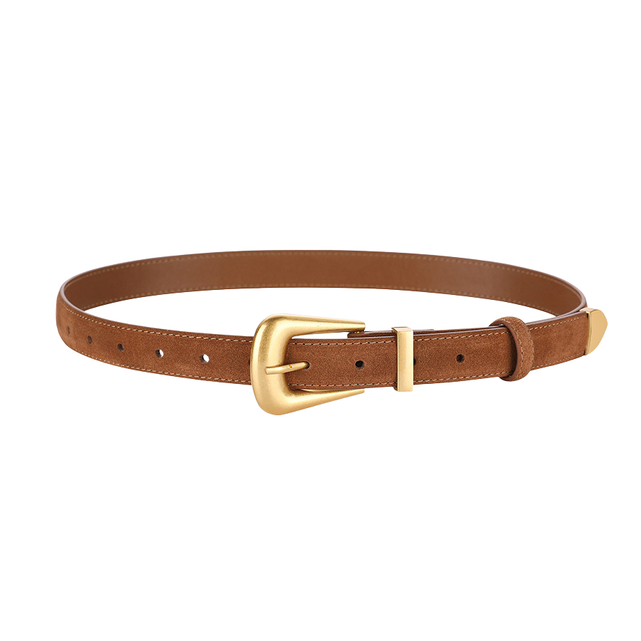 Ceinture femme Pauline 1 en cuir suédé marron avec boucle ardillon dorée style vintage