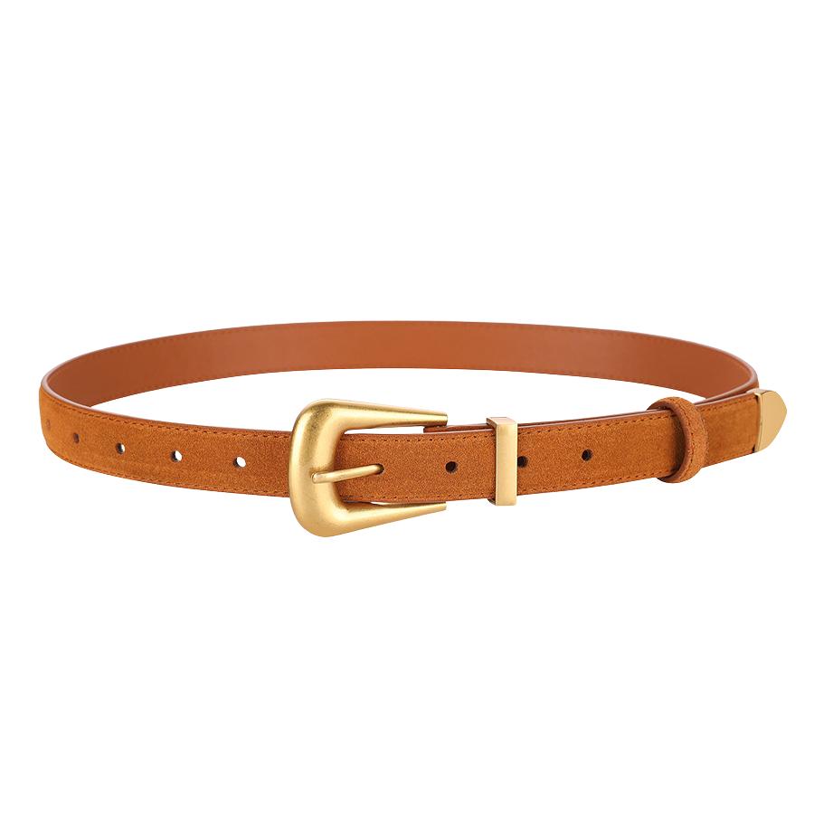 Ceinture femme Pauline 1 en cuir suédé mat camel avec boucle ardillon dorée style vintage.