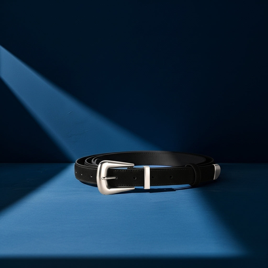 Ceinture noire en cuir suédé mat pour femme, modèle Pauline 2, avec boucle ardillon argentée et finitions rétro sur fond bleu. #fullwidth