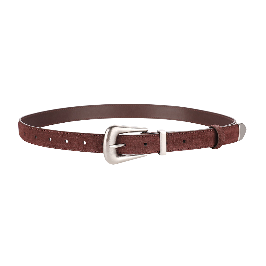 Ceinture femme Pauline 2 en cuir suédé marron avec boucle argentée de style western.