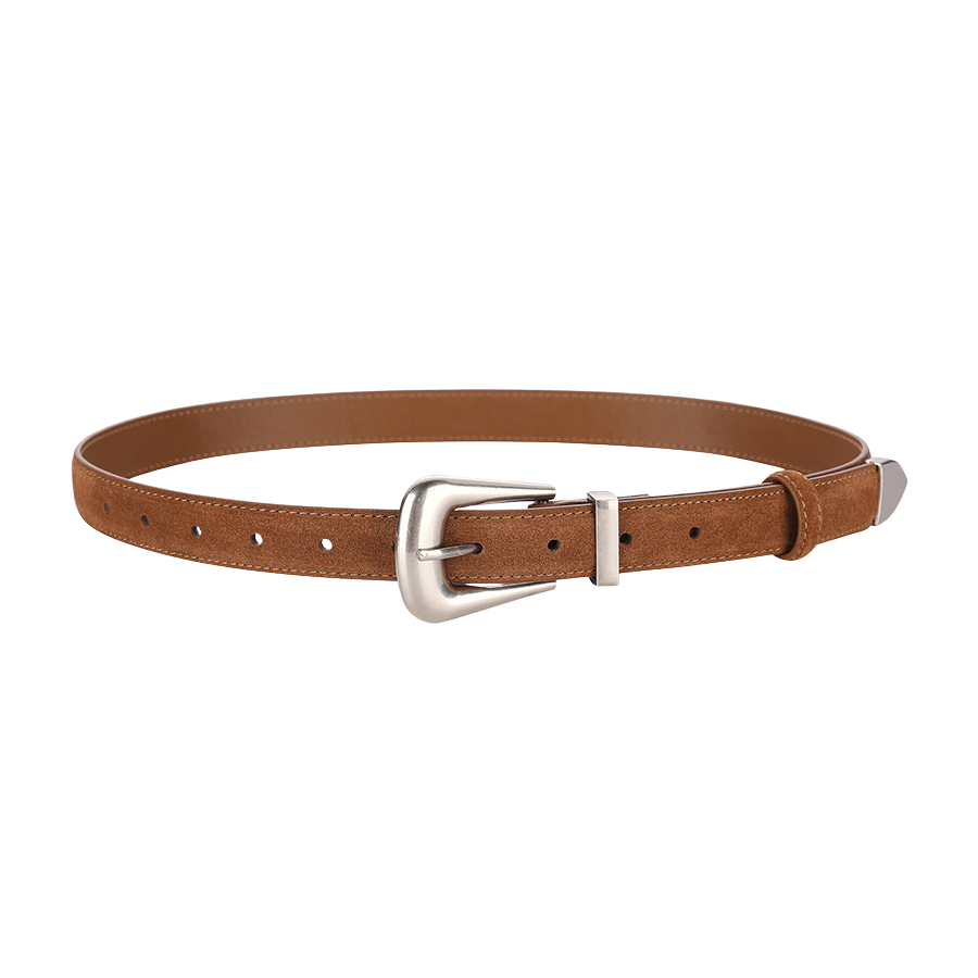 Ceinture femme Pauline 2 en cuir suédé marron avec boucle ardillon argentée de style rétro punk