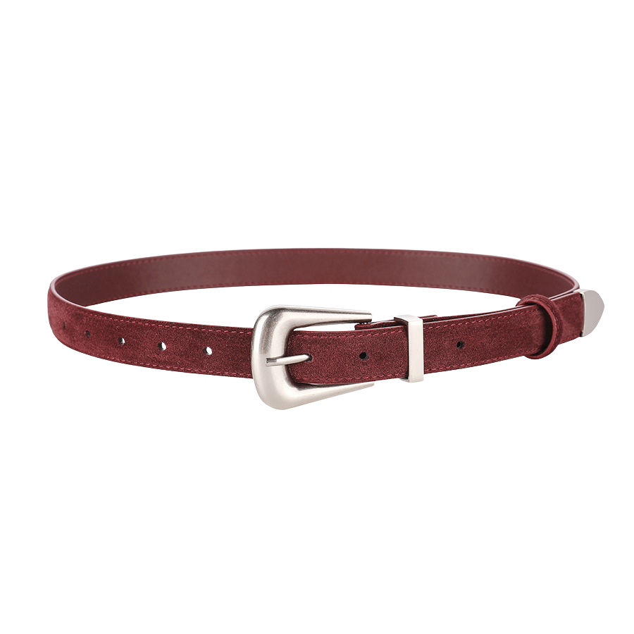 Ceinture pour femme Pauline 2 en cuir suédé mat bordeaux avec boucle ardillon argentée et finitions rétro.