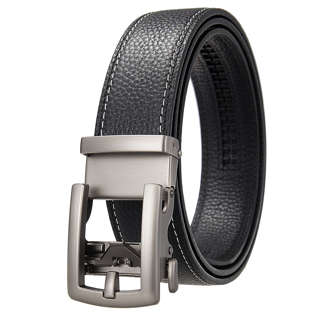 Ceinture PaulOr homme en cuir noir avec surpiqûres blanches et boucle ardillon rectangulaire finition gunmetal.