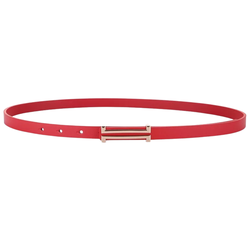 Ceinture fine rouge en cuir pour femme, modèle Pensée, avec boucle dorée à système crochet clou discret.